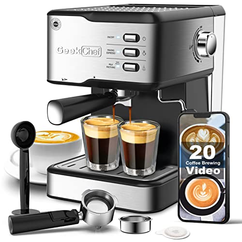 Geek Chef Espresso Machine 20 Bar, Cappuccino latte Maker Coffee Machine with ESE POD capsules filter&Milk Frother Steam Wand, 1.5L Water Tank Stainless steel 950W
