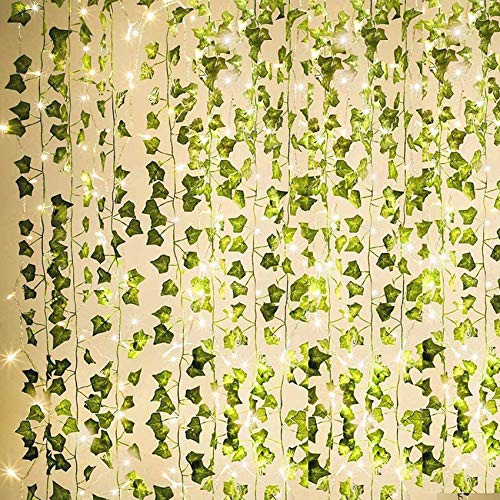 KASZOO 84Ft 12 Pack Artificial Ivy Garland Fake Plants, Vine Hanging Garland with 80 LED String Light, Hanging for Home Kitchen Garden Office Wedding Wall Decor, Green - 12 pack Artificial Ivy with 80 LED