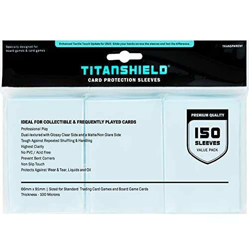 TitanShield Premium Clear Card Sleeves Compatible with Standard Sized Board Games, MTG Magic The Gathering, Pokemon, Lorcana and Trading Cards 2.5" x 3.5" 66x91mm (150 Sleeves) - Original Standard 66x91mm