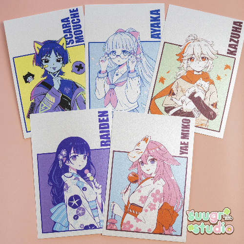 Genshin Mini Prints Vol. II, Raiden, Yae, Scaramouche, Kazuha, Ayaka - Set of 5