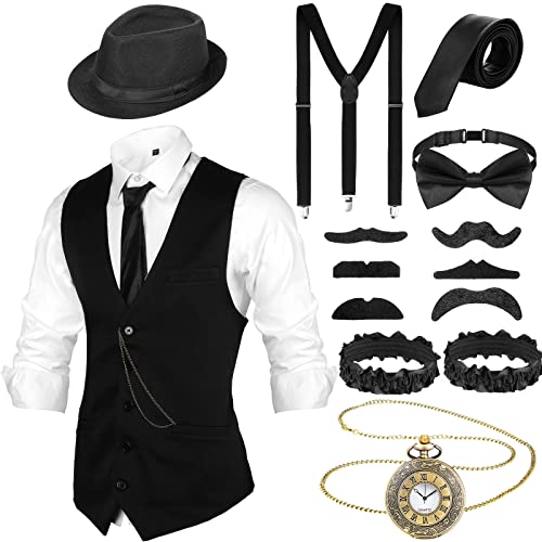 Blulu 1920er Herren Zubehör Gatsby Gangster Kleidung Kostüm Cosplay Outfit mit Weste Fedora Hut Taschenuhr Hosenträger Fliege für Mann Halloween Cosplay - L - Schwarz