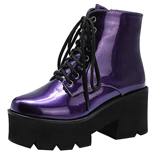 Parisuit Womens Goth Patent Ankle Boots Platform Chunky High Heel Lace Up Combat Boots Punk Short Booties - 9 - Purple