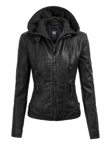 Lock and Love Women's Removable Hooded Faux Leather Jacket Moto Biker Coat - X-Large Wjc1044_black