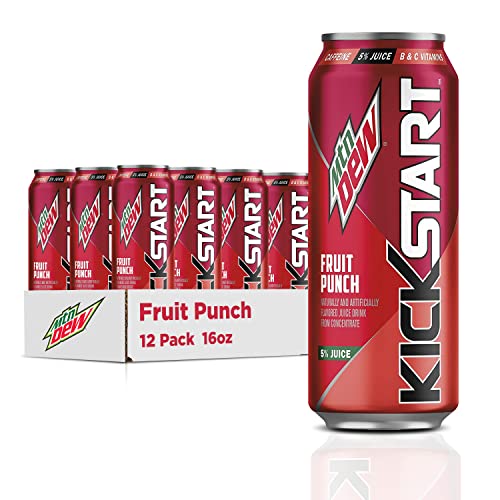 Mountain Dew Kickstart, Fruit Punch, 92mg Caffeine, Vitamins B & C, 80 Calories, 5% Juice, 16 fl oz (12 Count) - Fruit Punch - 16 Fl Oz (Pack of 12)