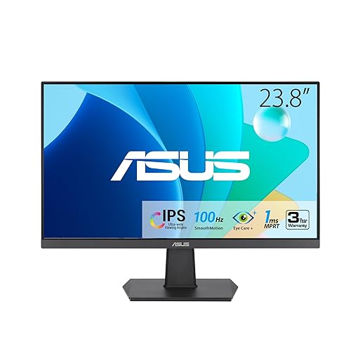 ASUS 24” (23.8-inch viewable) 1080P Eye Care Monitor (VA24EHF) - IPS, Full HD, Frameless, 100Hz, 1ms, Adaptive-Sync, for Working and Gaming, Low Blue Light, HDMI, VESA Mountable, Tilt, BLACK - 100Hz Adaptive-Sync Frameless