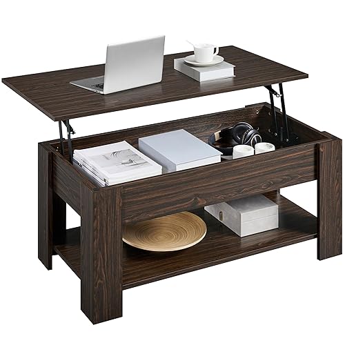 Yaheetech Lift Top Coffee Table with Hidden Compartment and Storage Shelf, Rising Tabletop Dining Table for Living Room Reception Room, 38.6in L, Espresso - Espresso - 38.6 inches