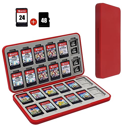 FYY Nintendo Switch Game Case - Red Nintendo Switch Game Holder for Nintendo Switch Cartridge Case with 24 Game Card Slots & 48 Micro SD Card Slots, Switch Card Case- Hard Shell, Silicone Lining - C-Red