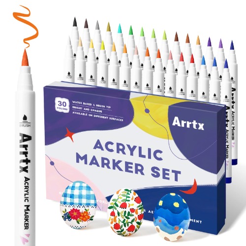 Arrtx 30 Colors Acrylic Paint Pens for Rock Painting, Extra Brush Tip, Water Based Paint Markers for Stone, Glass, Easter Egg, Wood and Fabric Painting-No Toxic,No Odor-Type 30B