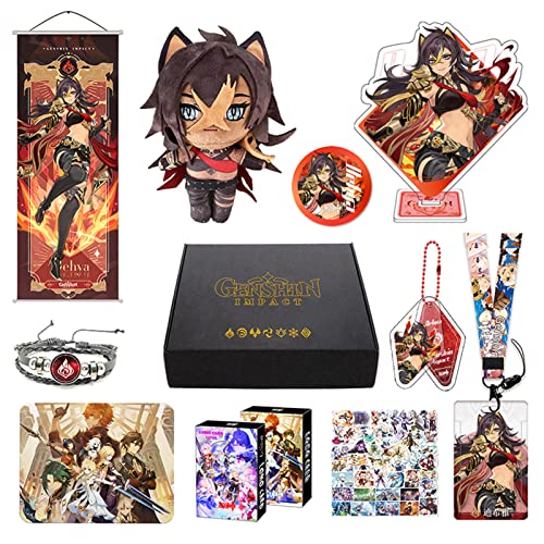 MOTAO Genshin Impact Box Xiao Hu Tao Qiqi Merch Set - Doll, Poster, Pillowcase, Stand Figure, Bracelet, Badge, Keychain, Card Cover, 30 Lomo Cards, 50 Stickers (Dehya) - Dehya