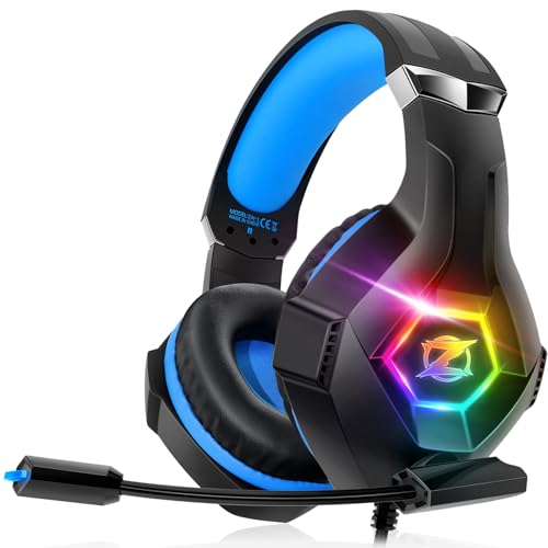Gaming Headset Stereo Surround Sound Gaming Headphones with Breathing RGB Light & Adjustable Mic for PS4 PS5 PC Xbox One Laptop Mac - Blue