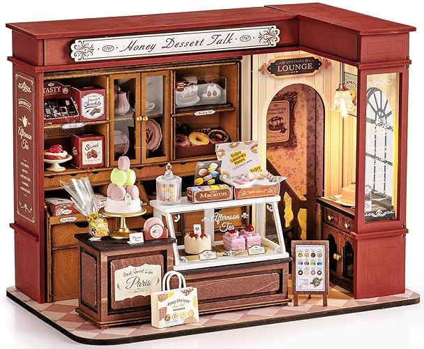 ROBOTIME DIY Miniature House Kit with LED and Furniture Dessert Shop, Wooden Dollhouse Model Building Kit Gift for Children and Adults