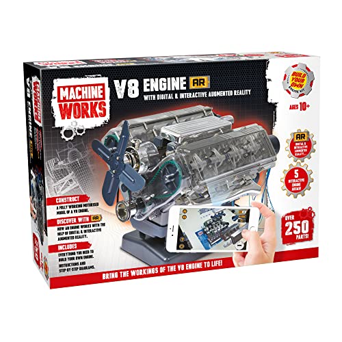 Machine Works Build Your Own V8 Engine Toy - Replica Model Building Kit - Features Augmented Reality, Sounds and Illumination, 4 Modes, 250+ Pieces, 10+ Years - V8 Engine