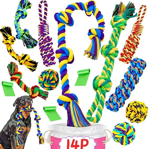 XL Dog Chew Toys for Aggressive Chewers Large Breed, 14 Pack Tough Indestructible Dog Toys for Aggressive Chewers, Durable Puppy Chew Toys for Teething, Heavy Duty Cotton Dog Rope Toys for Large Dogs - For Large Dogs - 14 Packs