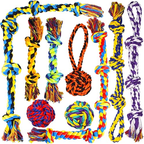 SHARLOVY Large Tough Chew Toys for Aggressive Chewers Large Breed,Heavy Duty Dental Rope Toys Kit for Medium Dogs,5 Knots Indestructible Cotton Puppy Teething Chew Tug Toy Set of 9 - Large - 9 Packs