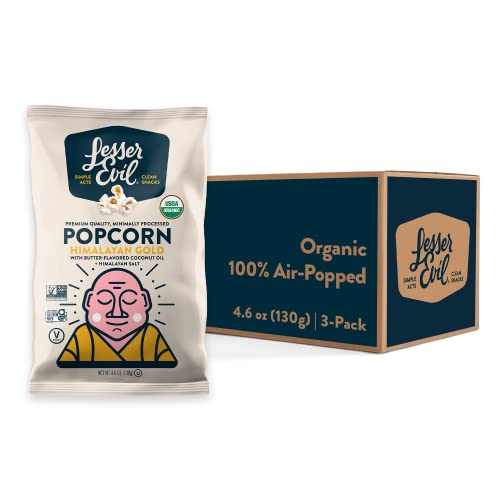 LesserEvil Himalayan Gold Organic Popcorn, Premium Quality, Minimally Processed, No Vegetable Oil, 4.6 Oz (Pack of 3) - Himalayan Gold - 4.6 Oz (Pack of 3)