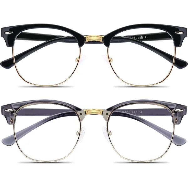 Blue Light Glasses, 2 Pack, Fashion Round Half Frame