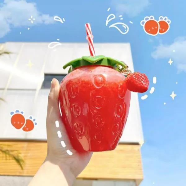 DULRLLY 17 Oz Strawberry Cups with Straw and Strawberry Pendant Kawaii Cup with Lid Portable Cute Water Bottle Mug for Gift Home Office School for Boba Tea - 1PCS