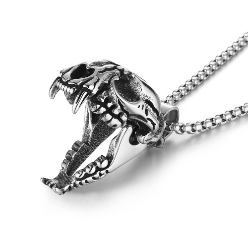 Punk Pendant Necklace, Gothic Stainless Steel Openable Sabertooth Tiger Skull Jewelry - 