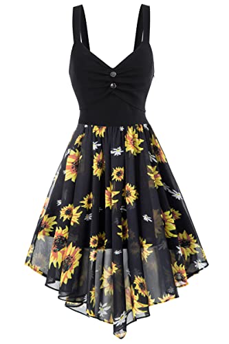 FEAPHY Women's Vintage Chiffon Sun Moon Star Sleeveless A-Line High Low Dress - Medium - Sunflower