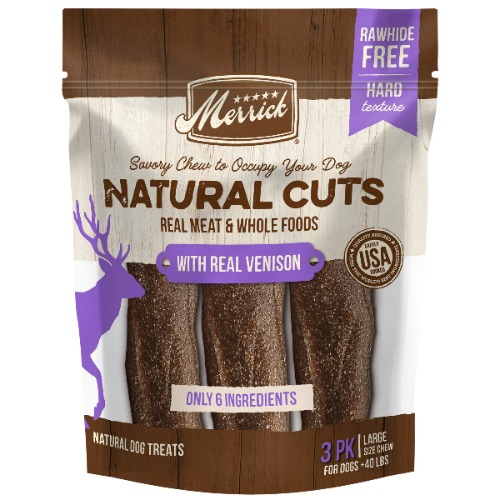 Merrick Natural Cuts Rawhide Free Dog Treats Filled Chew Made with Real Meat and Whole Foods 3 Count (Pack of 1) - Large Dog (40 LBS+) Venison 3 Count (Pack of 1)