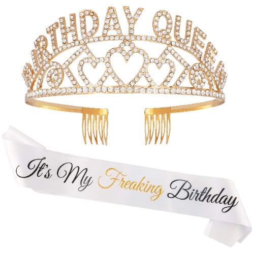 Zipoka Freaking Birthday Queen Birthday Sash for Women - Premium Rhinestone Birthday Tiara Crown & Earring Kit - Gold