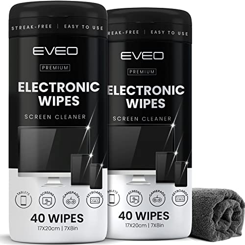 Electronic Wipes Streak-Free for Screen Cleaner & Smart Watch [2 Pack x 40] TV Screen, Smart TV, Computer Screen, Laptop, Phone, Tablet, and Electronics Devices - Microfiber Cloth Included [80 Wipes] - 80 Count