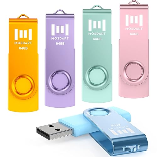MOSDART 64GB USB Flash Drive 5 Pack, 64 GB Pastel Multicolor Multipack USB2.0 Thumb Drives, Swivel Design with LED Light, exFAT Jump Drive Memory Stick Pen Drive for Computers, Data Storage - 64GB X 5 - Pastel Colors