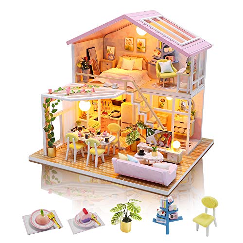 GuDoQi DIY Miniature Dollhouse Kit, Tiny House kit with Furniture and Music, Miniature House Kit 1:24 Scale, Great Handmade Gift for Birthday Christmas, Sweet Time House - Multicolored a