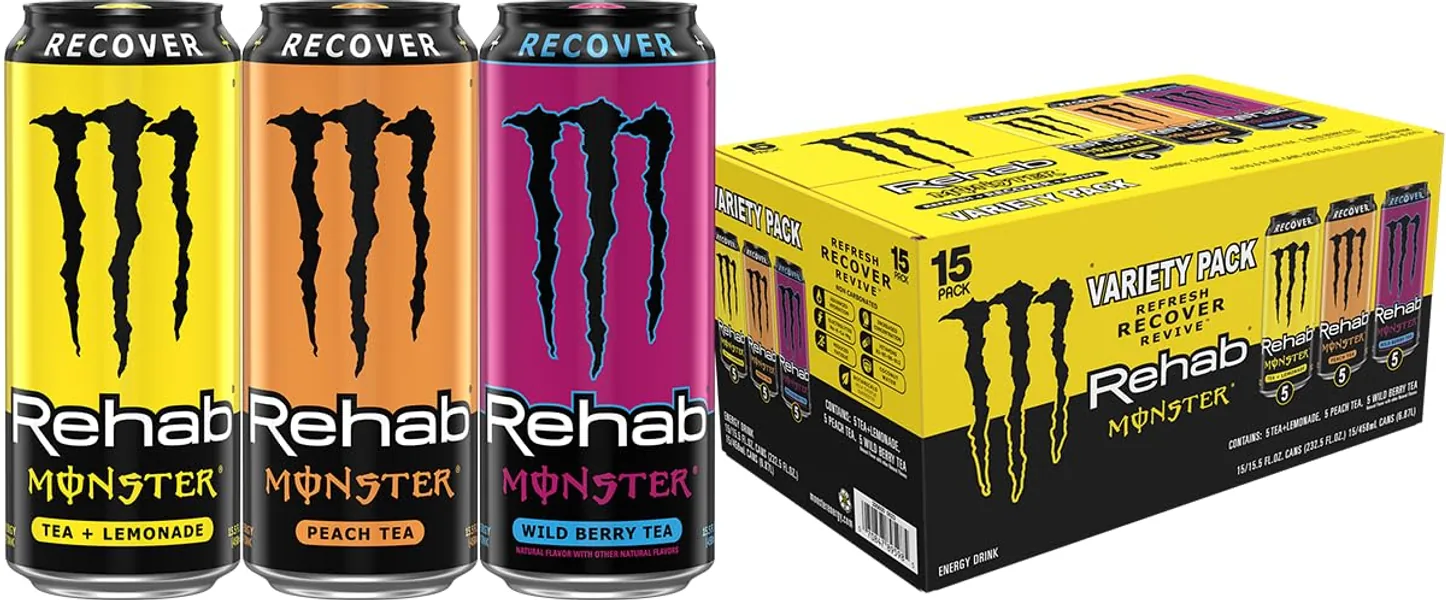 Monster Energy Rehab Tea + Lemonade, Peach Tea, Wild Berry Tea, Variety Pack, Energy Iced Tea,15.5 Ounce (Pack of 15) - variety - 15 Pack