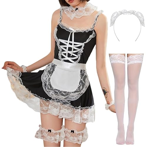 JasmyGirls Sexy Maid Lingerie for Women French Maid Outfit Anime Cosplay Costume Role Playing Fancy Dress Naughty Apron - Black With Stocking - X-Large - XX-Large
