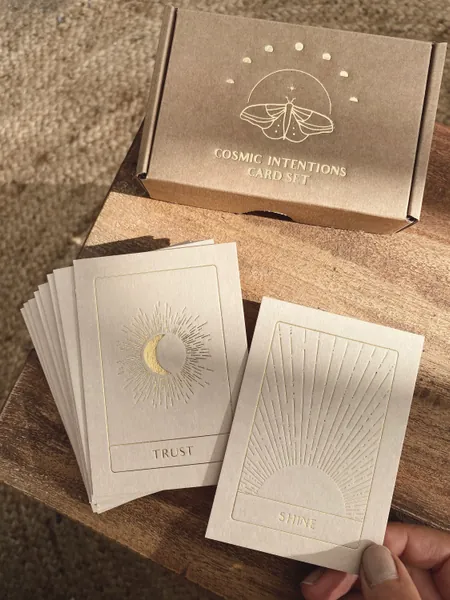 Cosmic Intentions - 18 Card Gold Edition - Gold Foil - Affirmation Cards Set - Beige - Spiritual Affirmation Cards - Oracle Tarot Deck