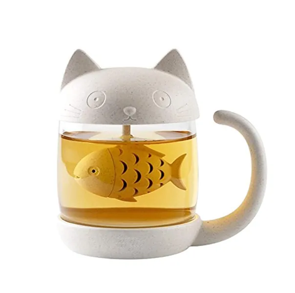 Cute Cat Glass Cup Tea Mug With Fish Tea Infuser Strainer Filter - 