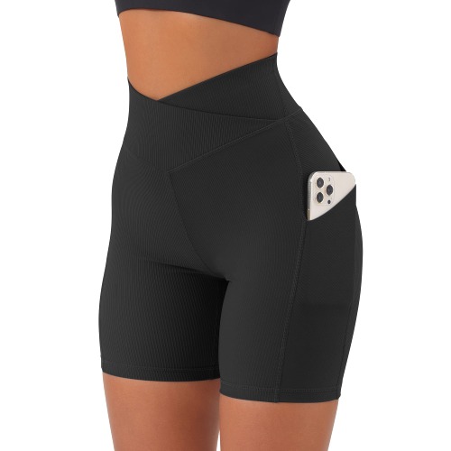 MOOSLOVER Women V Cross Waist Workout Shorts Butt Lifting High Waisted Biker Shorts - Medium #2 Black
