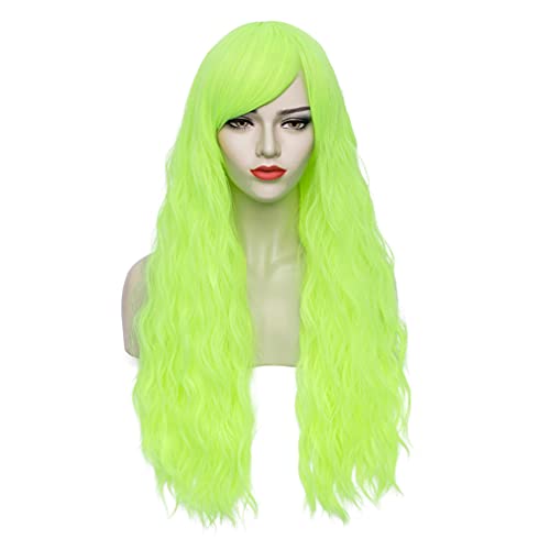 BERON Green Wig Wig Long Curly Wig Fluorescent Green Wig for Women Wavy Light Green Wig with Bangs Neon Green Wig Heat Resistant Synthetic Hair Cosplay Costume Wig (Green) - Lime Green