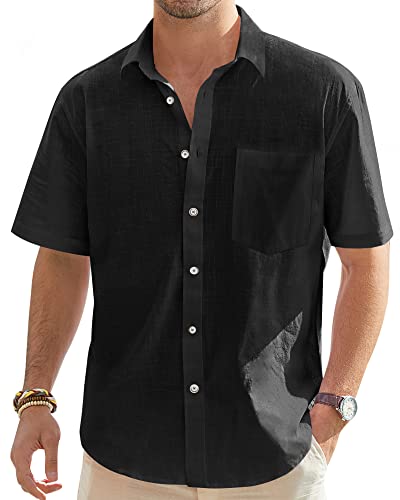 Alimens & Gentle Men's Linen Shirt Short Sleeve Casual Lightweight Button Down Shirts Beach Summer Tops - Black - Medium