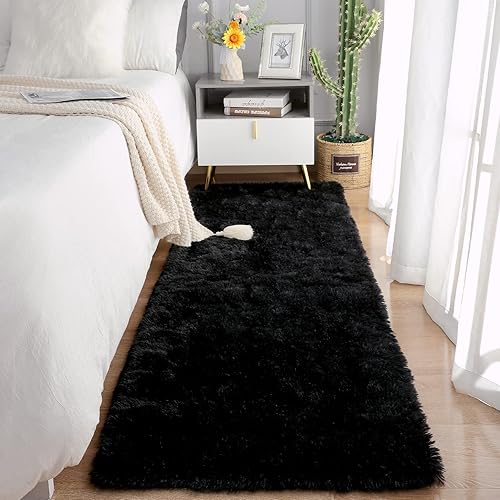 Chicrug Soft Runner Rug for Bedroom Living Room Plush Fluffy Rug 2x6 Feet, Shag Furry Area Rug Carpet Non Shedding for Nursery Children Kids Girls Room Home Decorative, Black - 2x6 Feet - Black