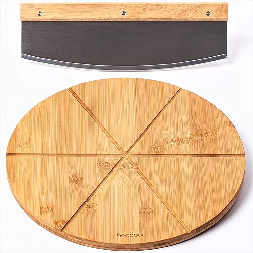 Bamboo Pizza Board with Large Knife – Wood Pizza Peel – 13.5-inch Pizza Cutting Board Set for Uniform Slices – Steel Sharp Blade with Cover – Double-Sided Wooden Cutting Board