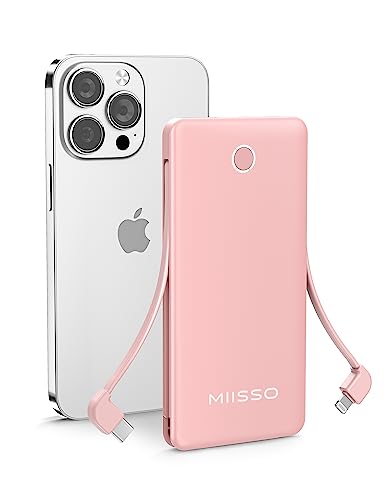 10000mah Slim Portable Charger with Built in Cable, Power Bank Travel Phone Charger External Battery Pack for Phone, 4 Output USB Type C Cord Clutch Charger Compatible with iPhone, Heated Vest, Pink - Pink