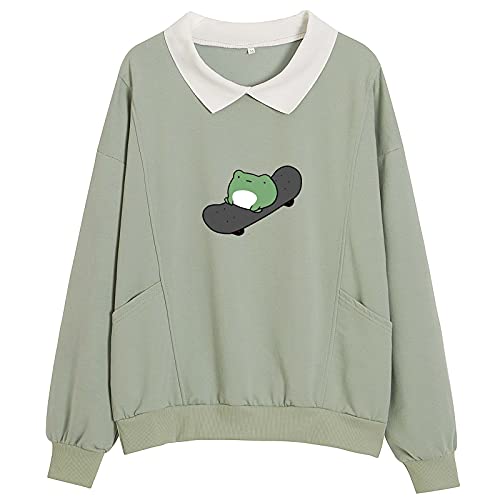 Wrenpies Frog Skateboarding Casual Sweatshirt Women's Pullover Long Sleeve Turn Down Collar with Pocket Tops for Teen Girls - Green - Medium