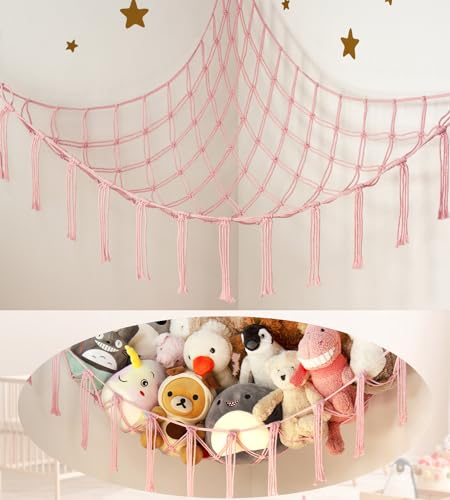 Stuffed Animal Hammock-Large Stuffed Animal Net For Toys Corner-Hanging Stuff Animal Toy Storage Organizer For Plush Plushie Display Pink Girl Room Bedroom Boho Nursery Decor Toy Storage - Large(Package of 1) - BabyPink