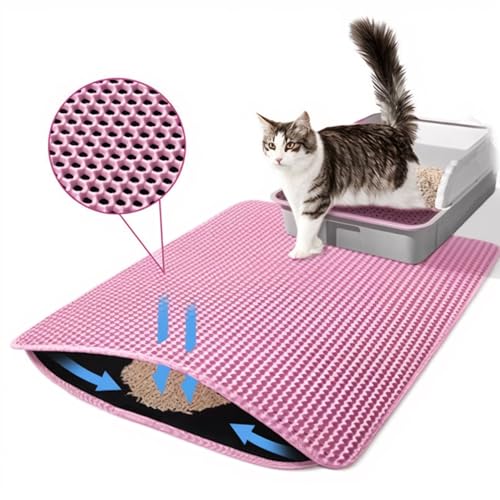 Petinstinct Cat Litter Mat, 22x30 Inch Large Honeycomb Double Layer Cat Litter Trapping Mat, Waterproof Urine Proof Cat Litter Pads, Pink