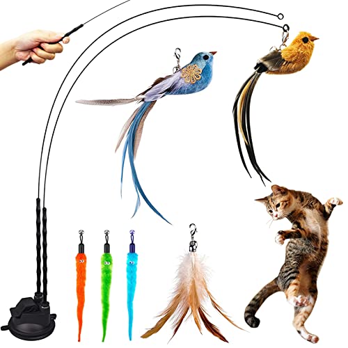 Cat Feather Toys, Cat Toys Wand, Interactive Cat Toy with Super Suction Cup, 2 PCS Cat Wand Toy and 6 PCS Feather Replacements with Bell, Interactive Cat Toy Kitten Toys for Indoor Play Chase Exercise (Natural) - Natural