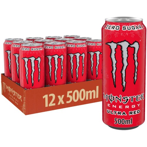 Monster Energy Ultra Red - koffeinhaltiger Energy Drink mit Geschmack aus roten Früchten - ohne Zucker und ohne Kalorien - in praktischen Einweg Dosen (12 x 500 ml)