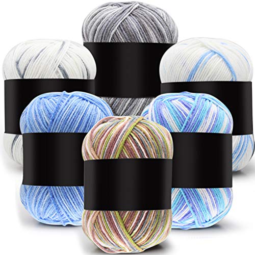 WILLBOND 6 Pcs 50g Crochet Yarn Multi Colored Knitting Yarn Bulk Acrylic Weaving Yarn Crocheting Thread (Gray, Gray White, Gray Green Coffee, White Blue, Sky Blue, Blue White, 3-Ply) - Gray, Gray White, Gray Green Coffee, White Blue, Sky Blue, Blue White - 3-Ply
