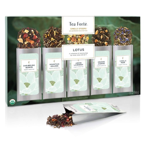 Tea Forte Single Steeps Loose Leaf Tea Sampler, Assorted Variety Tea Box, 15 Single Serve Pouches (Sampler - Lotus) - Sampler - Lotus