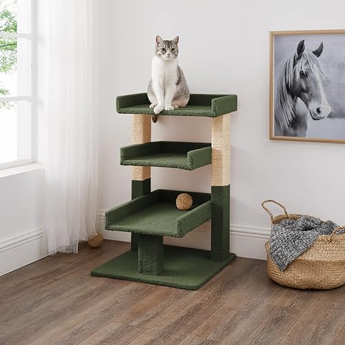 Naomi Home Nala Cat Tree for Large Cats, Cat Activity with Scratching Post, Cat Tower for Large Cats, 3 Level Cat Play Perch, Cat Climbing Tower, Cat Tree for Indoor Cats Multi-Level Cat, Green - 3 Tier - Green