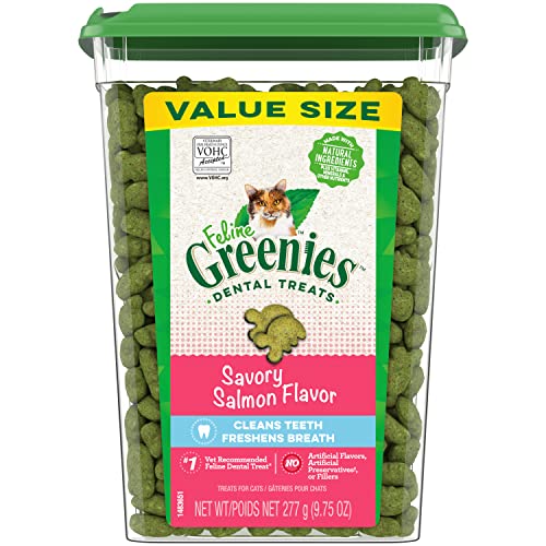 FELINE GREENIES Adult Dental Cat Treats, Savory Salmon Flavor, 9.75 oz. Tub - Salmon - 9.75 Ounce (Pack of 1)
