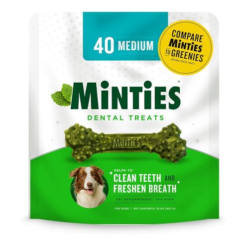 Minties Dental Chews for Dogs, 40 Count, Vet-Recommended Mint-Flavored Dental Treats for Medium Dogs 25-50 lbs, Dental Bones Clean Teeth, Fight Bad Breath, and Removes Plaque and Tartar - Mint 2 lb - 32 Ounce (Pack of 1)