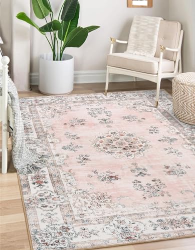Lahome Washable 6x9 Area Rugs for Living Room, Soft Floral Pink Large Low Pile Rug for Nursery and Girls, Boho Ultra-Thin Non-Slip Carpet for Bedroom Indoor Floor Mat for Home Office Decor - 6' x 9' - Pink