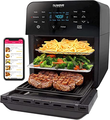 Nuwave Brio 15.5Qt Air Fryer Rotisserie Oven, X-Large Family Size, Powerful 1800W, 4 Rack Positions, 50°-425°F Temp Controls, 100 Presets & 50 Memory, Integrated Smart Thermometer, Linear T Technology - Air Fryer